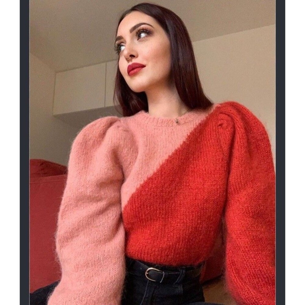 Zara S Mohair Sweater Two Tone Pink Red Knit Jumper Pullover Artsy